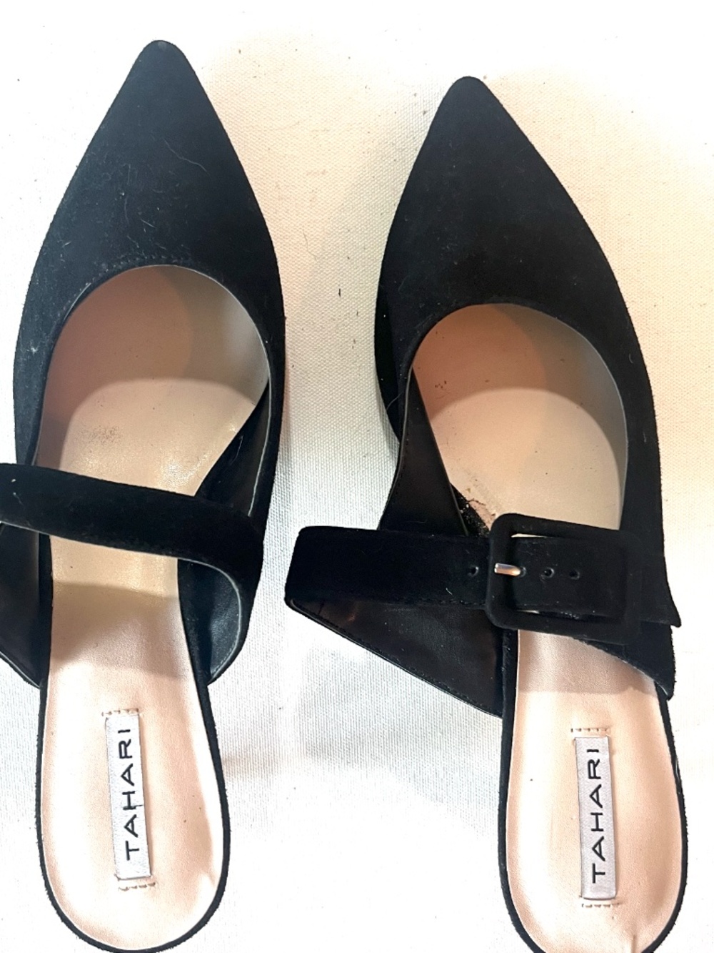 TAHARI Black Suede Mules with Cross Strap + Buckle Size 9